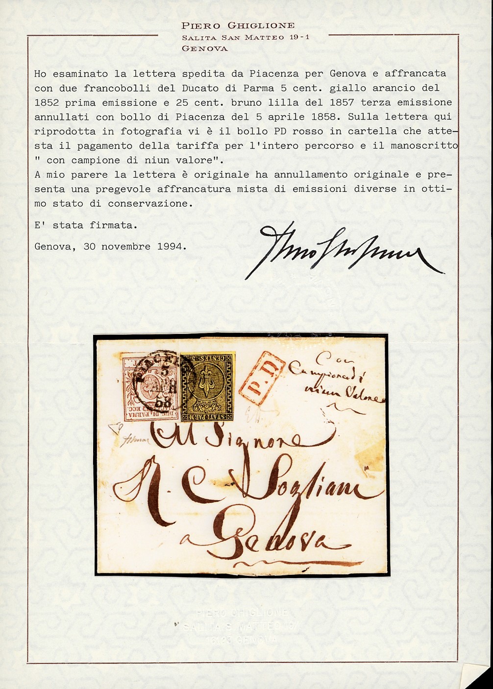 1858, 5 cent. giallo arancio e 25 cent. bruno lilla, affrancatura mista su lettera