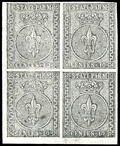 A. Diena e Ferrario, 1852 - 10 cent. bianco, blocco di quattro, angolo di foglio, gomma originale
