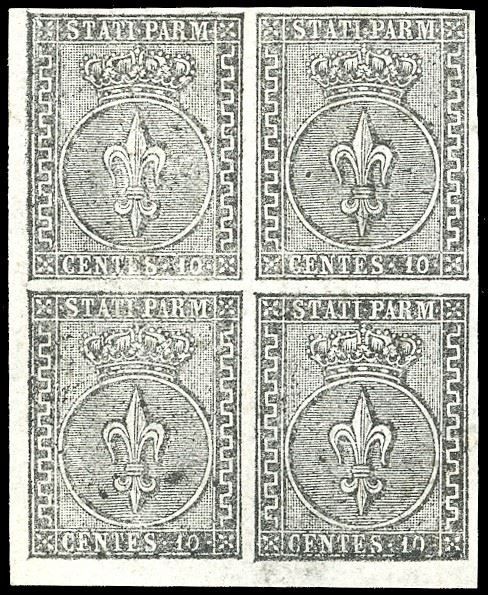 1852 - 10 cent. bianco (2), blocco di quattro, angolo di foglio, nuovo, gomma originale, integra per due esemplari, perfetto. Bellissimo. A.Diena, Ferrario.