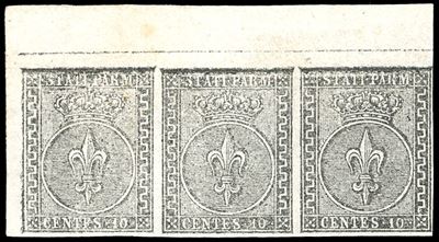 Fiecchi e Ferrario, 1852 - 10 cent. bianco, striscia orizzontale di tre, angolo di foglio superio...