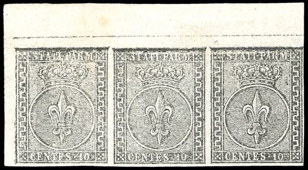 1852 - 10 cent. bianco (2), striscia orizzontale di tre angolo di foglio superiore sinistro, nuova, gomma originale, perfetta. Fiecchi, Ferrario.