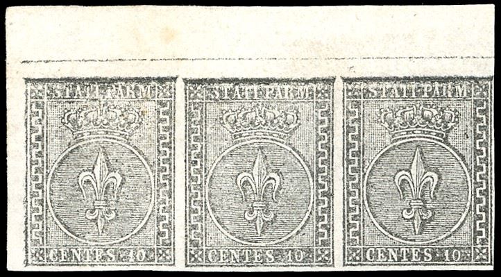 1852 - 10 cent. bianco (2), striscia orizzontale di tre angolo di foglio superiore sinistro, nuova, gomma originale, perfetta. Fiecchi, Ferrario.  - Asta Filatelia - Cambi Casa d'Aste