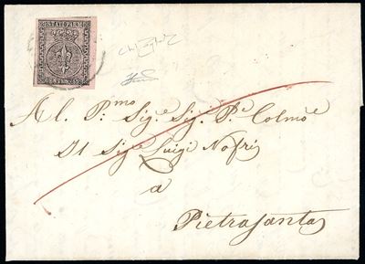 Rara tariffa di I distanza, 15 cent. rosa del 1857, lettera da Pontremoli a Pietrasanta
