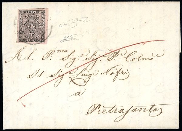 1857 - 15 cent. rosa (3), perfetto, ed eccezionalmente marginato, su lettera da Pontremoli 2/5/1857 a Pietrasanta. Rara tariffa di I distanza tra Parma e la Toscana, di splendida qualità. Raybaudi, Ferrario.