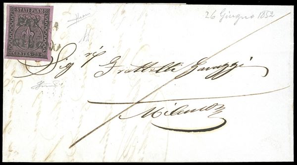 1852 - 25 cent. violetto (4), perfetto, margini enormi da tutti i lati, su fresca lettera da Parma 26/6/1852 a Milano. Lettera di qualità difficilmente eguagliabile, splendida. Ferrario, cert. A.Diena e Sorani.