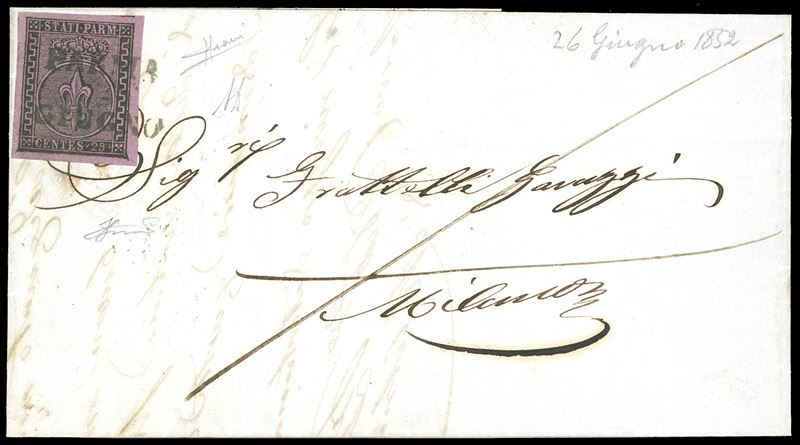 1852 - 25 cent. violetto (4), perfetto, margini enormi da tutti i lati, su fresca lettera da Parma 26/6/1852 a Milano. Lettera di qualità difficilmente eguagliabile, splendida. Ferrario, cert. A.Diena e Sorani.  - Auction Philately - Cambi Casa d'Aste