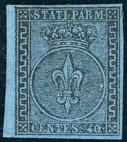 1852 - 40 cent. azzurro (5), margine di foglio a sinistra, nuovo, gomma originale, perfetto. Molto fresco, ampi margini e lieve traccia di linguella. Cert Sorani.