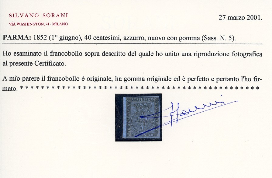 1852, 40 centesimi azzurri, margine di foglio a sinistra, nuovo con gomma originale