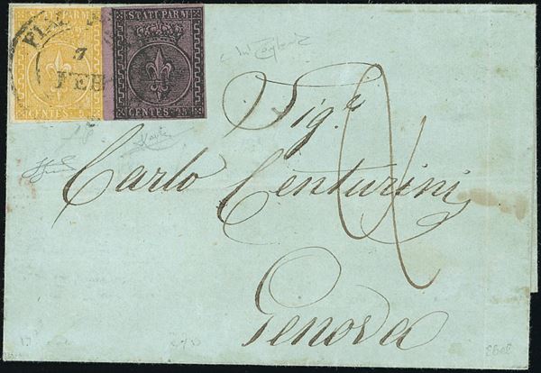1858 - 25 cent. violetto e 5 cent. giallo arancio (6,4), perfetti, su fresca sovracoperta di lettera da Piacenza 7/2/1858 a Genova, tassata, bollo d'arrivo. Bella e non comune mista I e II emissione.  Fiecchi,Raybaudi, Ferrario.