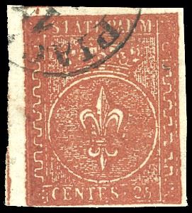 1855 - 25 cent. bruno rosso (8), bordo di foglio a sinistra con riga di colore verticale, usato, perfetto. Molto raro e non catalogato. G.Oliva, Ferrario.  - Asta Filatelia - Cambi Casa d'Aste