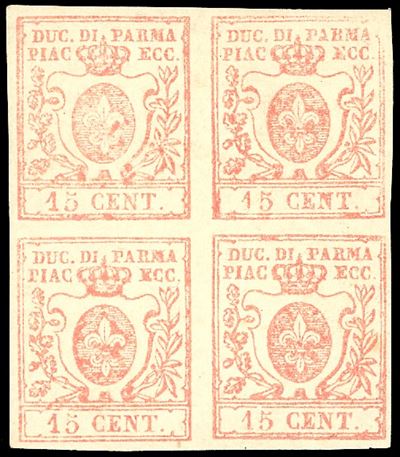 Fiecchi e Ferrario, 1859 - 15 cent. vermiglio, blocco di quattro