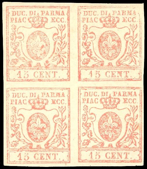1859 - 15 cent. vermiglio (9), blocco di quattro, nuovo, gomma originale, leggera traccia di linguella, perfetto e molto fresco. Fiecchi, Ferrario.  - Asta Filatelia - Cambi Casa d'Aste