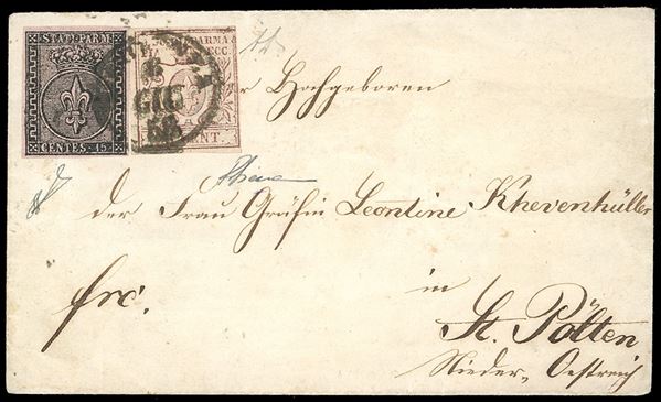 1858 - 15 cent. rosa, I emissione, in affrancatura mista con 25 cent. bruno lilla, III emissione (3,10), perfetti, su lettera da Piacenza 6/6/1858 a St.Polten, in Austria. Pregevole affrancatura mista, impreziosita dalla destinazione estera. A.Diena, Ferrario, cert. Diena.