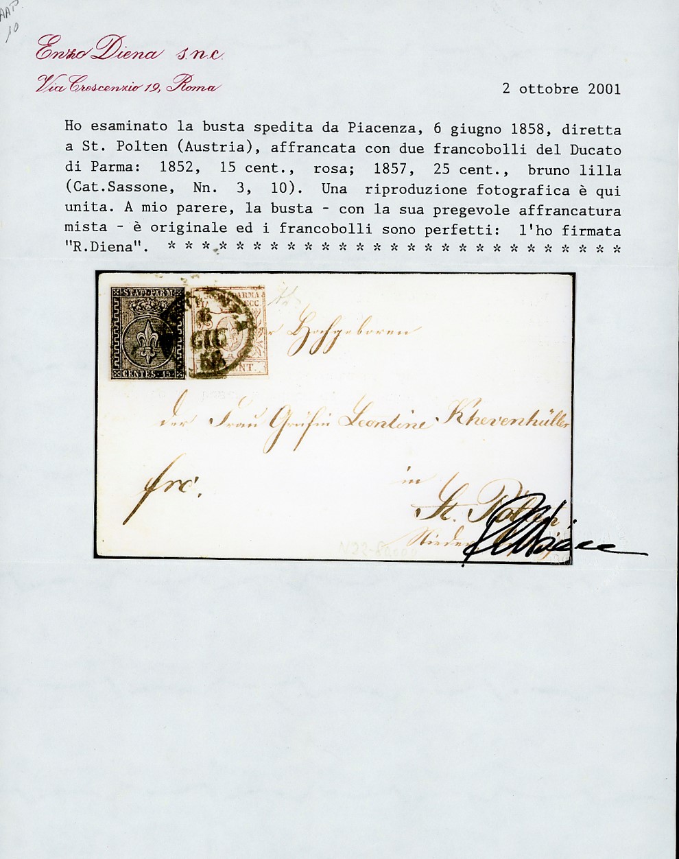 1858, 15 cent. rosa, I emissione e 25 cent. bruno lilla, III emissione, affrancatura mista su let...
