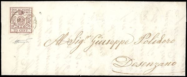 1858 - 25 cent. bruno lilla (10), perfetto, su fresca lettera del 25/11/1858 da Parma a Desenzano. Bella. Ferrario.