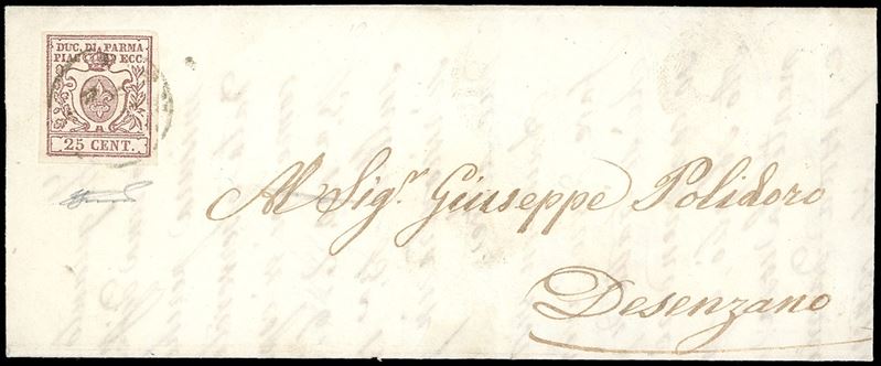 1858 - 25 cent. bruno lilla (10), perfetto, su fresca lettera del 25/11/1858 da Parma a Desenzano. Bella. Ferrario.  - Asta Filatelia - Cambi Casa d'Aste
