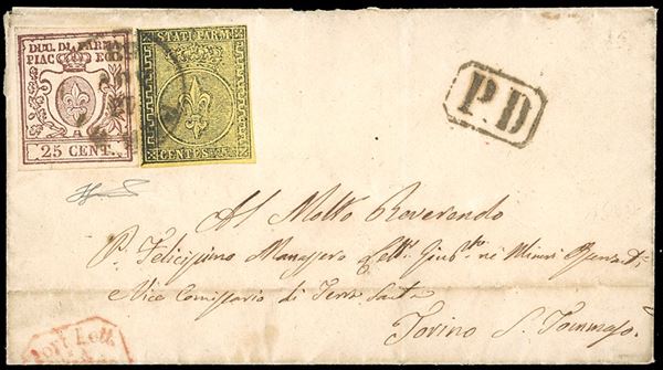 1858 - 5 cent. giallo arancio, I emissione, in affrancatura mista con 25 cent. bruno lilla, III emissione (1,10), perfetti, su lettera da Parma 16/11/1858 a Torino. Cert. Ferrario.