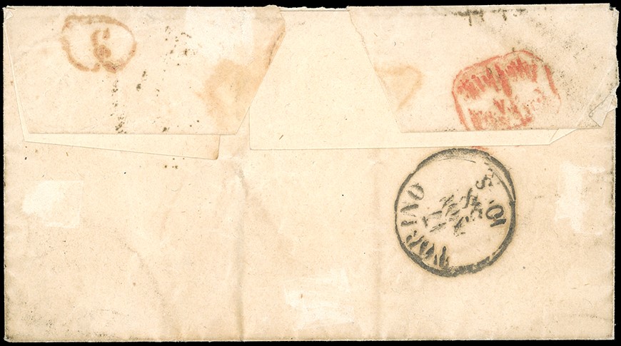1858, 5 cent. giallo arancio e 25 cent. bruno lilla su lettera, I e III emissione