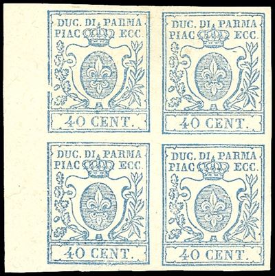 Fiecchi e Ferrario, 1857 - 40 cent. azzurro, blocco di quattro con bordo di foglio