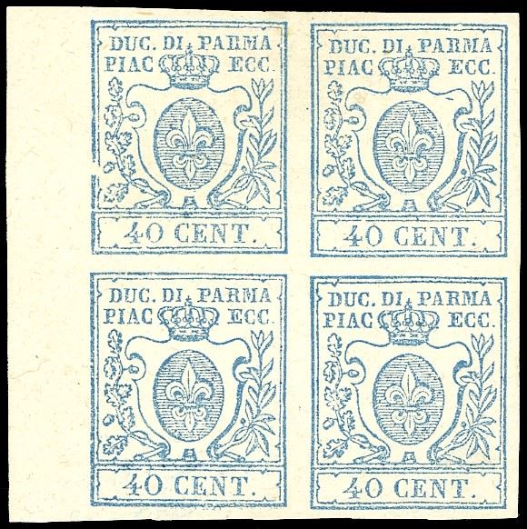 1857 - 40 cent. azzurro (11), blocco di quattro, bordo di foglio, nuovo, gomma originale, integra per due esemplari, perfetto. Bellissimo. Fiecchi, Ferrario.