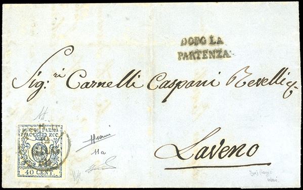 1858 - 40 cent. azzurro, I tipo, zero largo, stampa difettosa (11a), perfetto, isolato su lettera da Parma 12/6/1858 a Laveno. Sorani, A.Diena, cert. Ferrario.