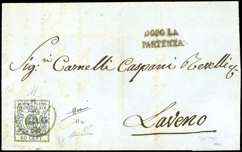 1858 - 40 cent. azzurro, I tipo, zero largo, stampa difettosa (11a), perfetto, isolato su lettera da Parma 12/6/1858 a Laveno. Sorani, A.Diena, cert. Ferrario.  - Auction Philately - Cambi Casa d'Aste