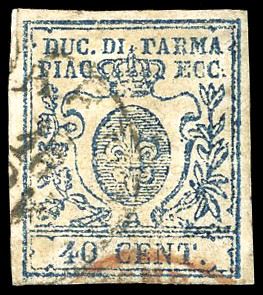 1857 - 40 cent. azzurro scuro, II tiratura stampa difettosa, II tipo zero stretto (11c), usato, perfetto. Emilio e A.Diena, cert. Raybaudi.