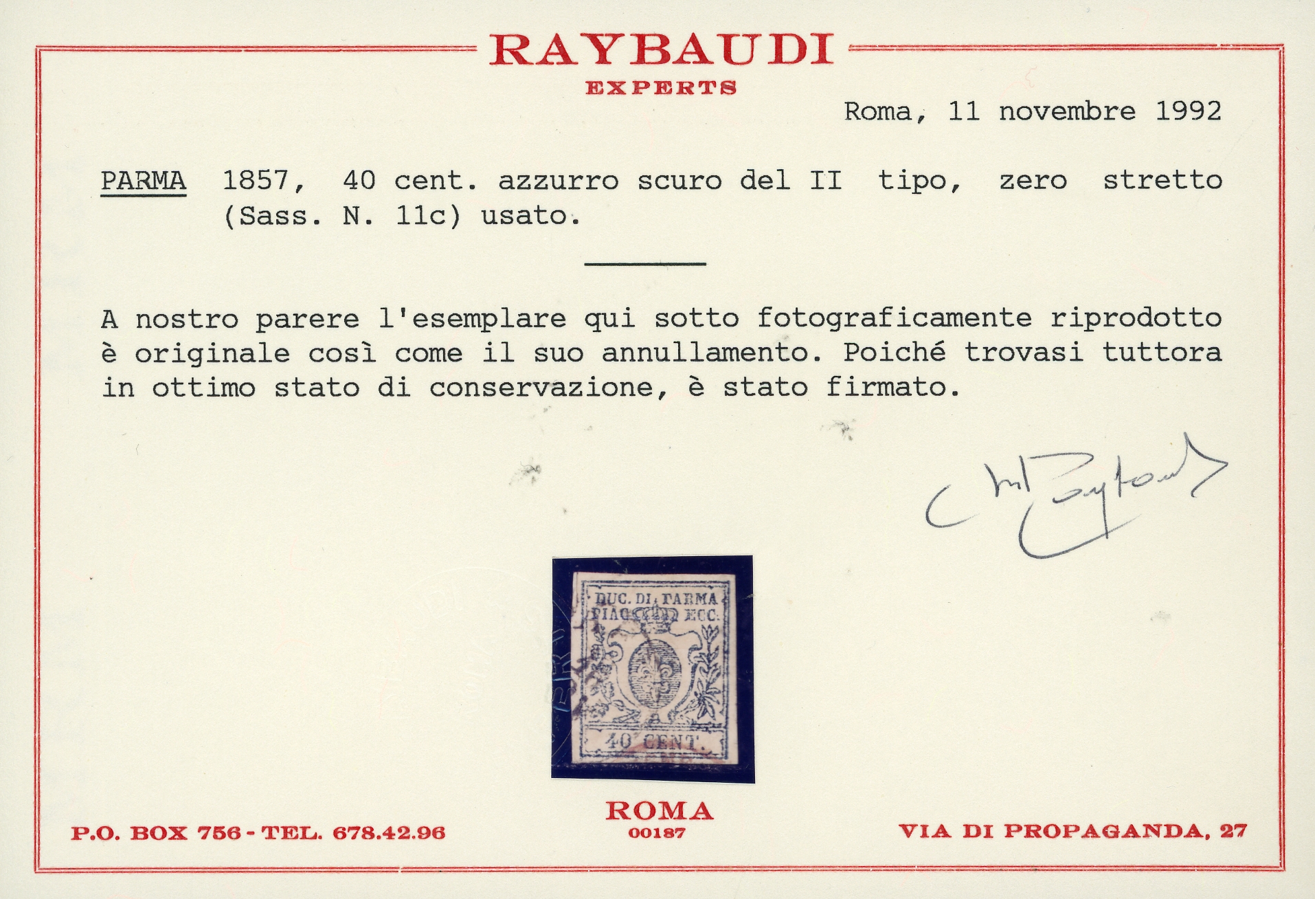 1857 - 40 cent. azzurro scuro, II tiratura, stampa difettosa, II tipo zero stretto (11c), usato