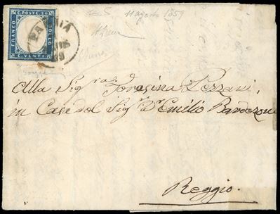 1859, 20 cent. azzurro scuro IV emissione di Sardegna su lettera da Parma a Reggio