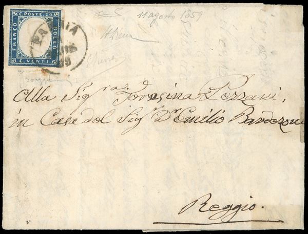 1859 - 20 cent. azzurro scuro IV emissione di Sardegna (A3,15B), perfetto, su lettera da Parma 11/8/1859 a Reggio. Pregevole lettera del I periodo del Governo Provvisorio. Em. e A.Diena, Bargagli, cert. Ferrario.