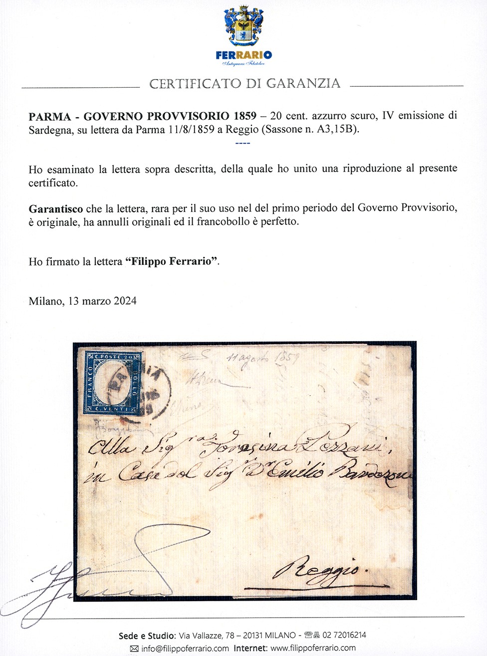 1859, 20 cent. azzurro scuro IV emissione di Sardegna su lettera da Parma a Reggio