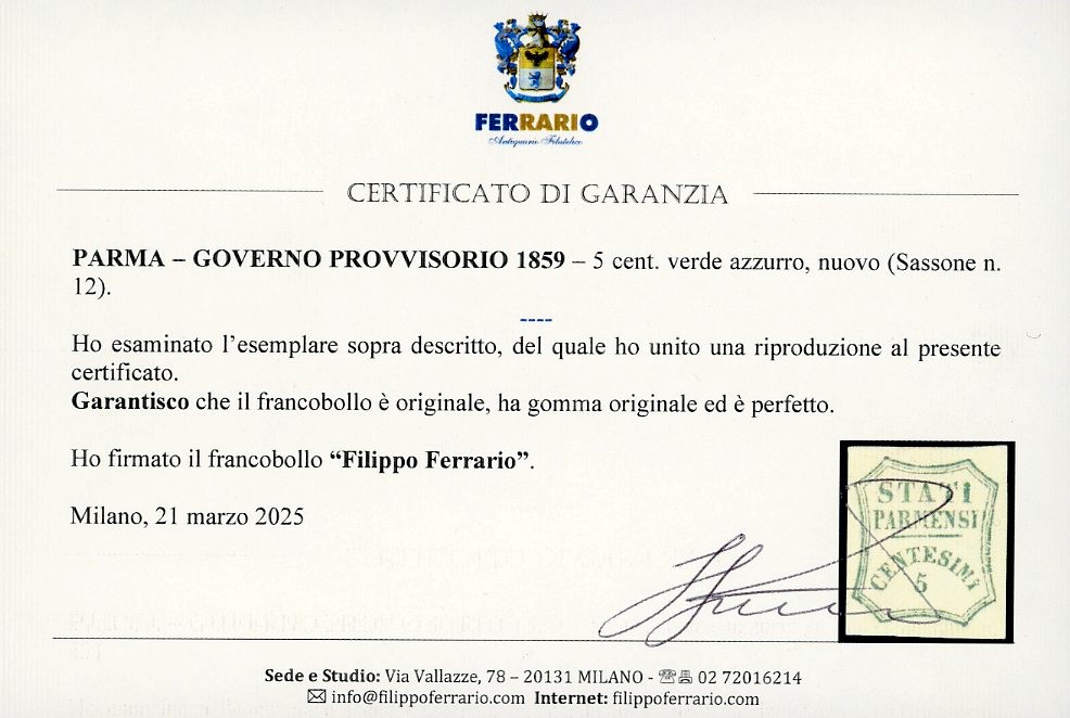 Diena Emilio, Francobollo 5 cent. verde azzurro del 1859, nuovo con gomma originale
