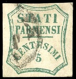 1859 - 5 cent. verde azzurro (12), usato, margini giusti, lieve punto d'assotigliamento al verso. Emilio Dinea, cert. G.Oliva.