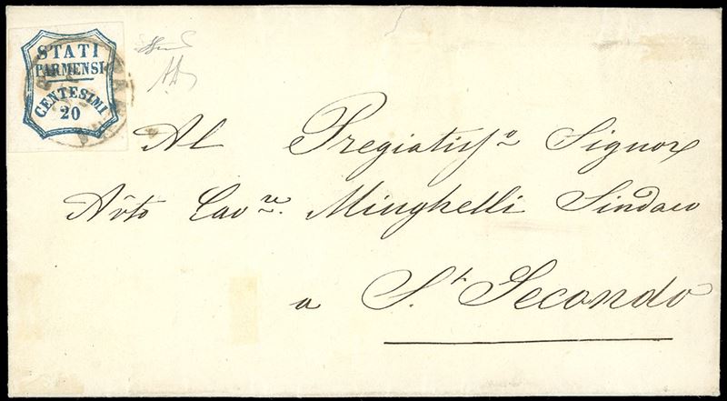 1859 - 20 cent. azzurro (15), perfetto, ampi margini, su fresca lettera del 20/12/1859 da Parma a S.Secondo. Interessante il testo che parla di una fornitura di armi per la Guardia Nazionale. Bellissima. A.Diena, Ferrario.  - Auction Philately - Cambi Casa d'Aste