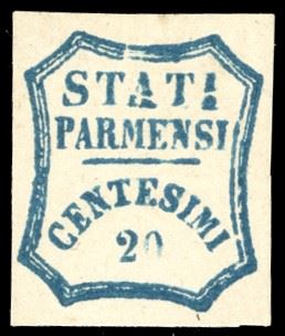 1859 - 20 cent. azzurro scuro, varietà di clichè lettere "ati" interotte da una linea ricurva (15e/D), gomma originale, perfetto. A. ed E.Diena, Sorani, Ferrario.