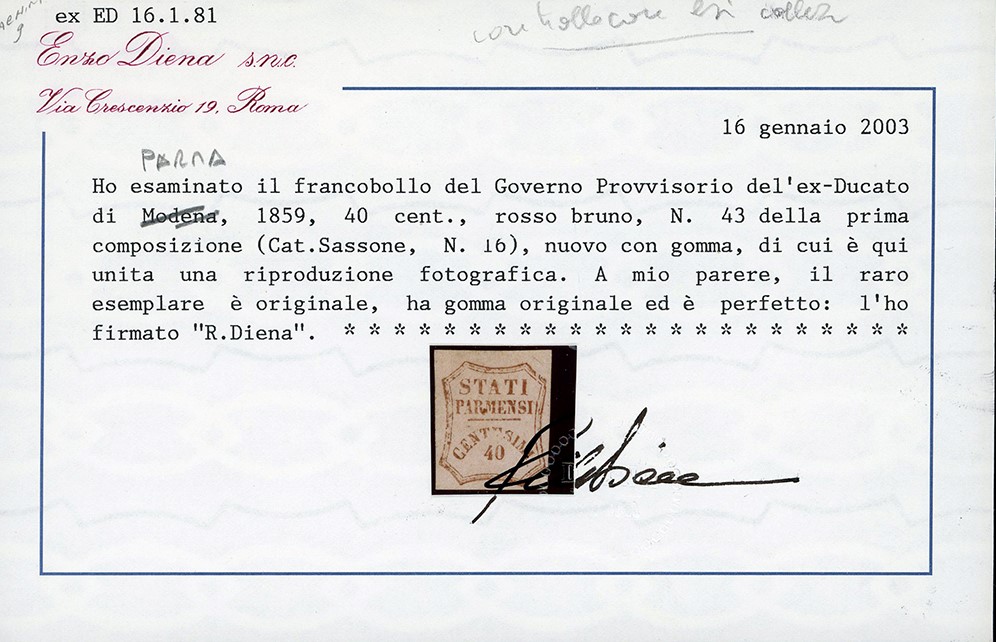 Diena, 1859 - 40 cent. rosso bruno, I composizione (16), gomma originale