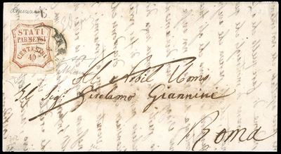 1859, 40 centesimi rosso bruno, I composizione (16), su soprascritta di lettera da Parma a Roma