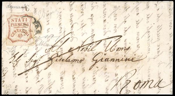 1859 - 40 cent. rosso bruno, I composizione (16), perfetto e ben marginato, su soprascritta di lettera, completa del lembo posteriore con il bollo d'arrivo, da Parma 1/12/1859 a Roma. Molto rara. Emilio ed Alberto Diena, Mezzadri, cert. Finanziario Bolaffi 80% ed Enzo Diena.