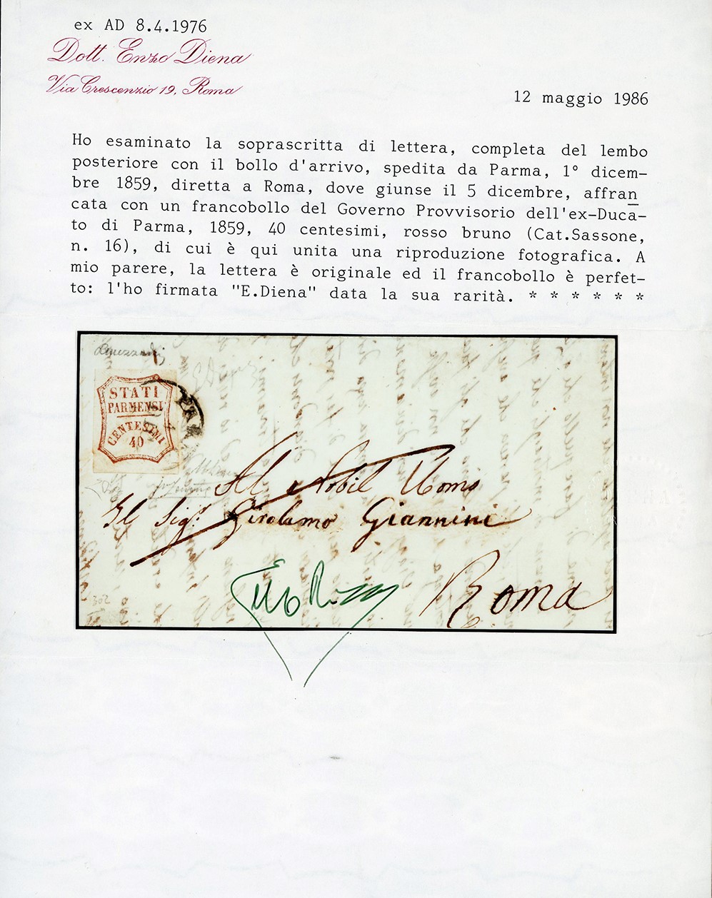 1859, 40 centesimi rosso bruno, I composizione (16), su soprascritta di lettera da Parma a Roma