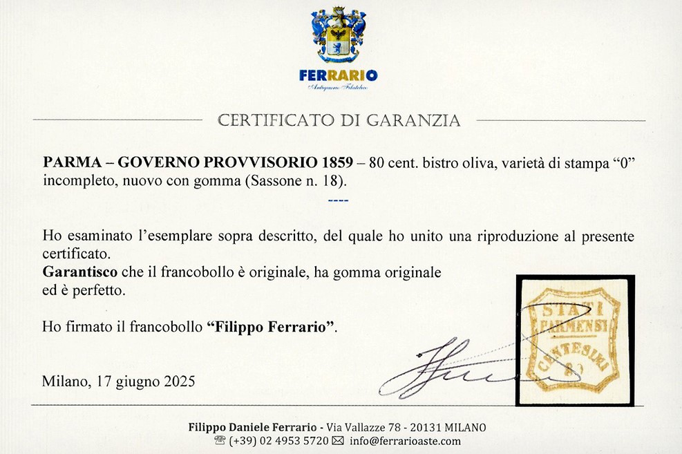 G. Oliva, Francobollo 80 cent. bistro oliva (18), varietà di stampa '0' incompleto, gomma origina...