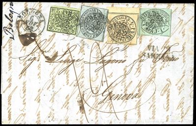 E.Diena, Affrancatura quadricolore su lettera da Bologna a Genova, 1852
