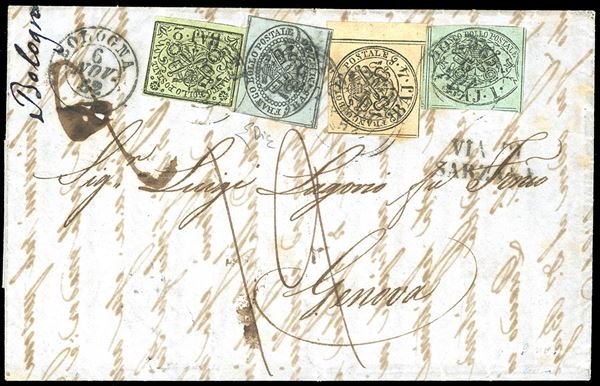 1852 - 1/2 baj grigio azzurro, 1 baj verde grigiastro, 2 baj verde oliva, 4 baj bruno grigio chiaro, bordo di foglio (1a,2,3,5), perfetti, su lettera di doppio porto da Bologna 6/11/1852 a Genova, tassata 1,20. Rara affrancatura quadricolore, a formare la pregevole tariffa di 7 1/2 baj. E.Diena.