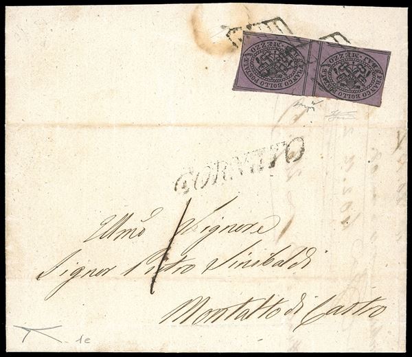 1862 - 1/2 baj lilla vivo (1e), coppia orizzontale con al centro l'interspazio di gruppo, ottimo stato, al verso di lettera in porto assegnato da Corneto 29/9/1862 a Montalto di Castro, tassata sul fronte 1. UNA DELLE DUE LETTERE NOTE CON INTERSPAZIO DI GRUPPO DI QUESTA RARA TONALITA' DI COLORE. Rarità da esposizione. Chiavarello, Ferrario, cert. Bottacchi. Ex coll. Imperato.