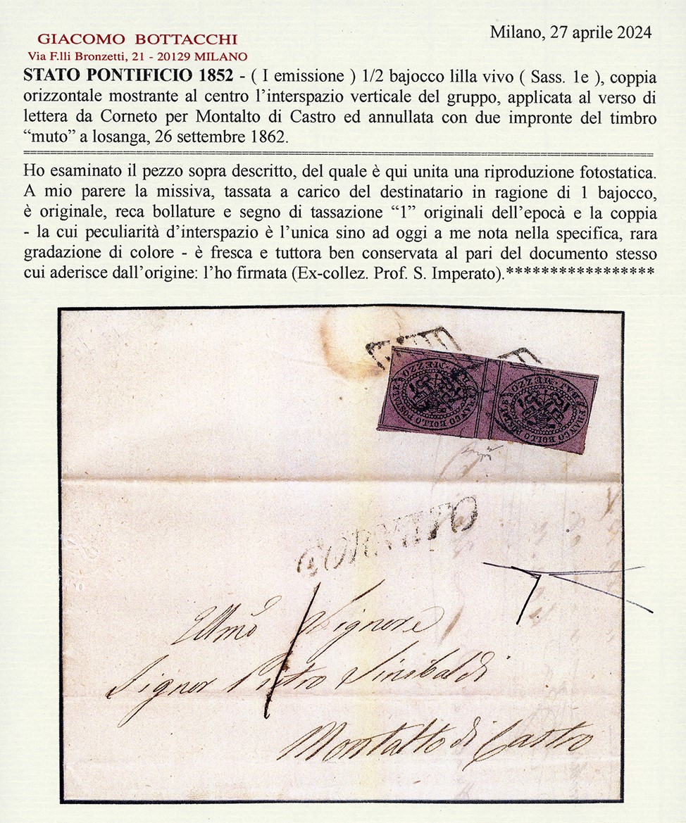 1862, 1/2 baj lilla vivo (1e), coppia orizzontale con interspazio di gruppo