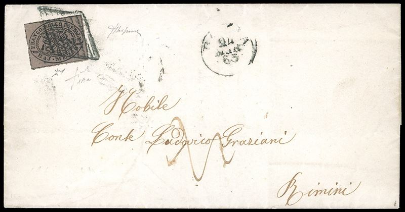 1865 - 1/2 baj violetto (1Aa), perfetto, isolato su circolare da Roma 24/3/1865 a Rimini, tassata. Fiecchi, Chiavarello, Ghiglione.  - Asta Filatelia - Cambi Casa d'Aste