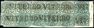 1857, 1 baj verde grigiastro e 1 baj verde scuro, sei esemplari ciascuno, frammento postale da Vi...
