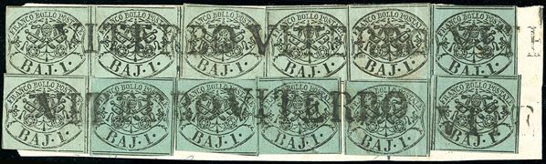 1857 - 1 baj verde grigiastro, sei esemplari, 1 baj verde scuro, I composizione, sei esemplari (2,2A), tutti perfetti, usati su frammento a Viterbo. Eccezionale e spettacolare affrancatura multipla di valori gemelli. A.Diena, Chiavarello, Ferrario. Ex coll. Imperato.