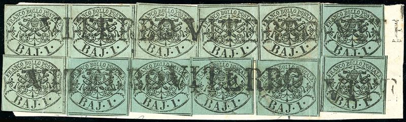 1857 - 1 baj verde grigiastro, sei esemplari, 1 baj verde scuro, I composizione, sei esemplari (2,2A), tutti perfetti, usati su frammento a Viterbo. Eccezionale e spettacolare affrancatura multipla di valori gemelli. A.Diena, Chiavarello, Ferrario. Ex coll. Imperato.  - Asta Filatelia - Cambi Casa d'Aste