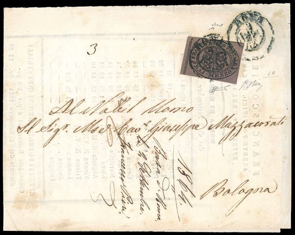 1853 - 1 baj verde grigiastro (2), blocco di quattro con interspazio orizzontale di gruppo al centro, perfetto e con filetti completi su tutti i lati, e quattro esemplari singoli, al verso di fresca lettera di otto porti, in porto assegnato, da Perugia 31/3/1853, francobolli annullati con il muto a griglietta, a Marsciano. UNICA AFFRANCATURA COSI' COMPOSTA FINORA NOTA, di eccezionale impatto visivo. Rarità da esposizione. G.Oliva, A.Diena, cert. E.Diena e Ferrario. Ex coll. Imperato.
