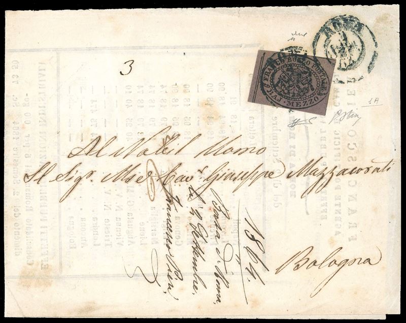 1853 - 1 baj verde grigiastro (2), blocco di quattro con interspazio orizzontale di gruppo al centro, perfetto e con filetti completi su tutti i lati, e quattro esemplari singoli, al verso di fresca lettera di otto porti, in porto assegnato, da Perugia 31/3/1853, francobolli annullati con il muto a griglietta, a Marsciano. UNICA AFFRANCATURA COSI' COMPOSTA FINORA NOTA, di eccezionale impatto visivo. Rarità da esposizione. G.Oliva, A.Diena, cert. E.Diena e Ferrario. Ex coll. Imperato.  - Auction Philately - Cambi Casa d'Aste
